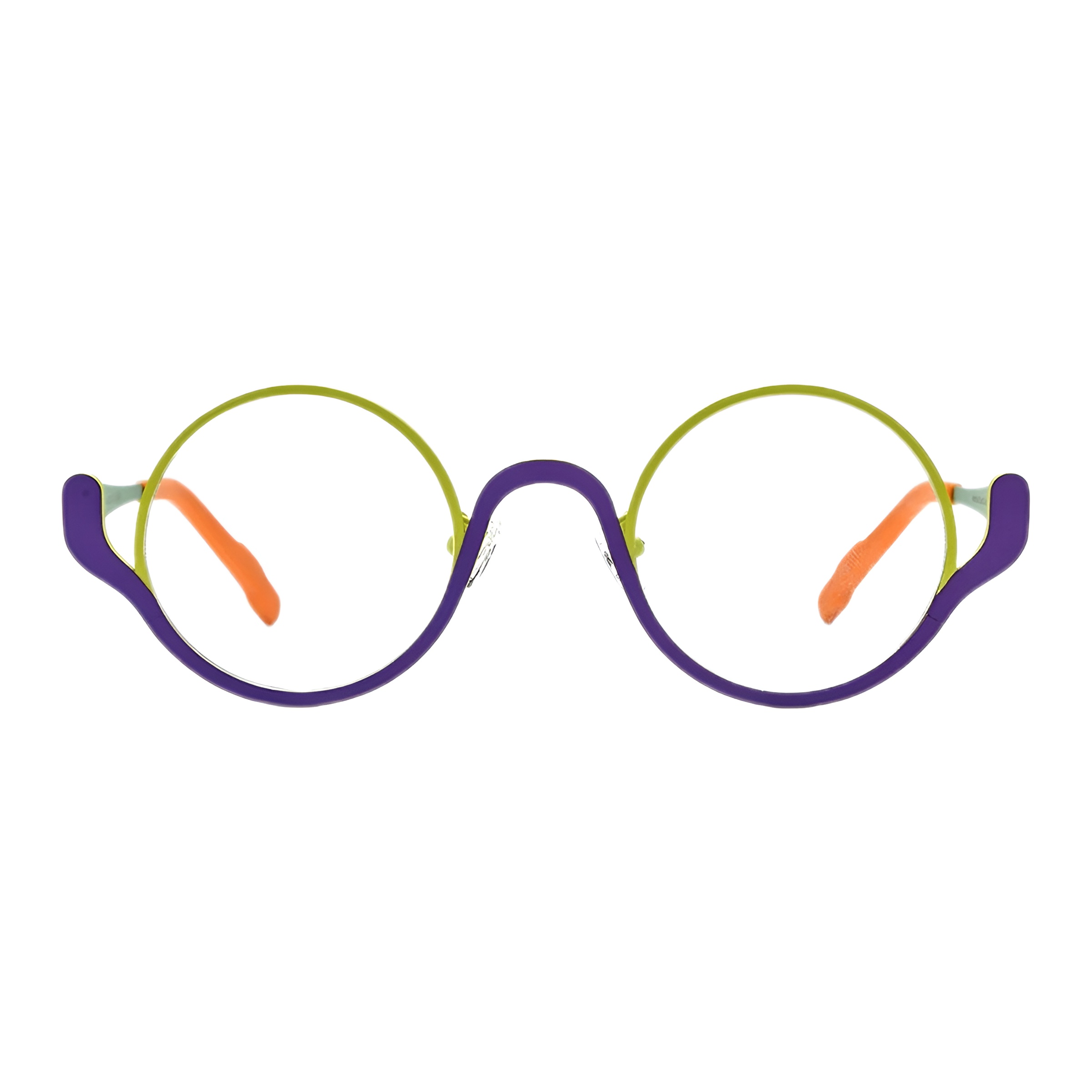 Vue de face d'une paire de lunettes de vue rondes originales avec une monture fine en titane violet, un cerclage vert anis et des manchons orange