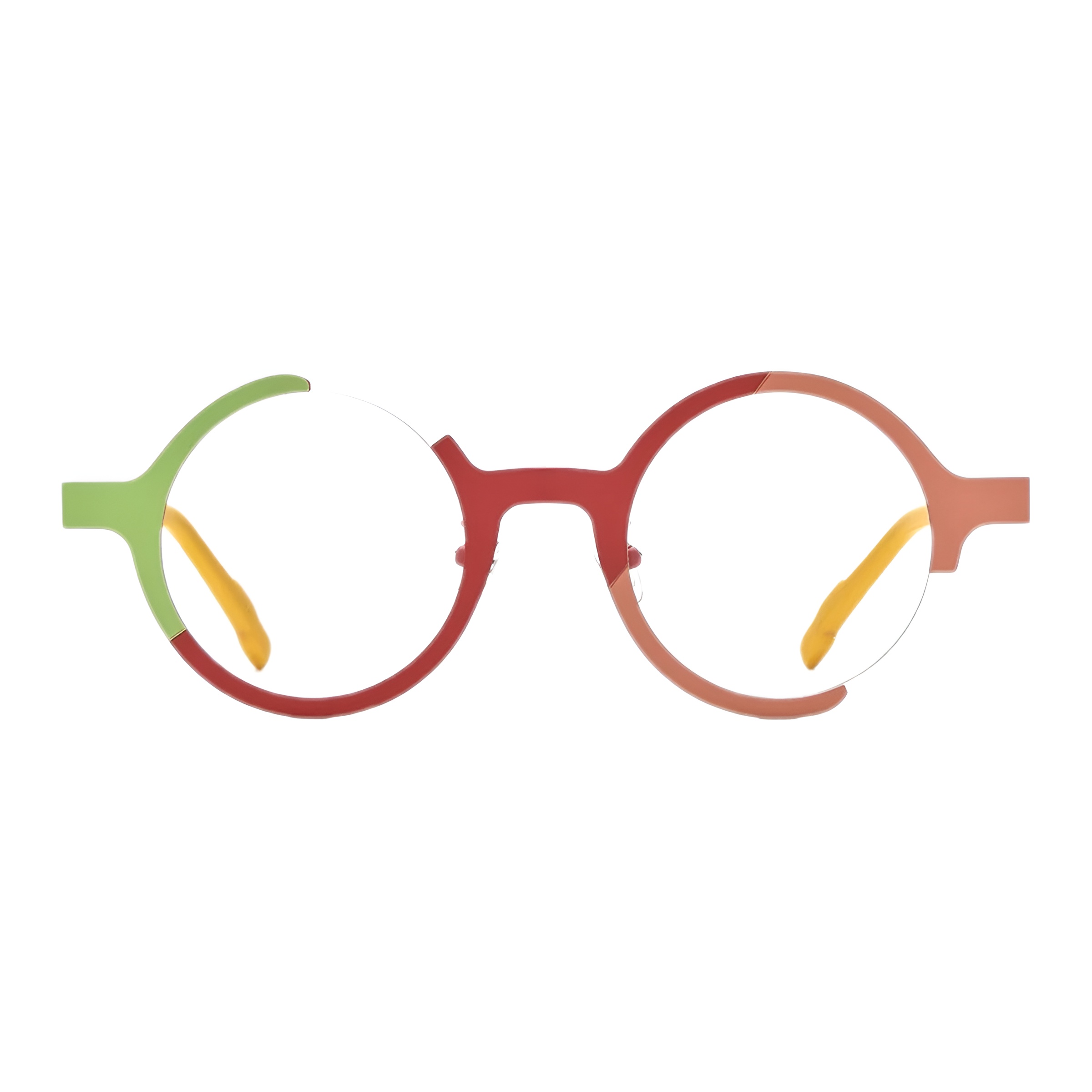 Vue de face des lunettes rondes originales, mettant en évidence le design à demi-cerclage avec la partie gauche verte et la partie droite dans les tons corail et rouge