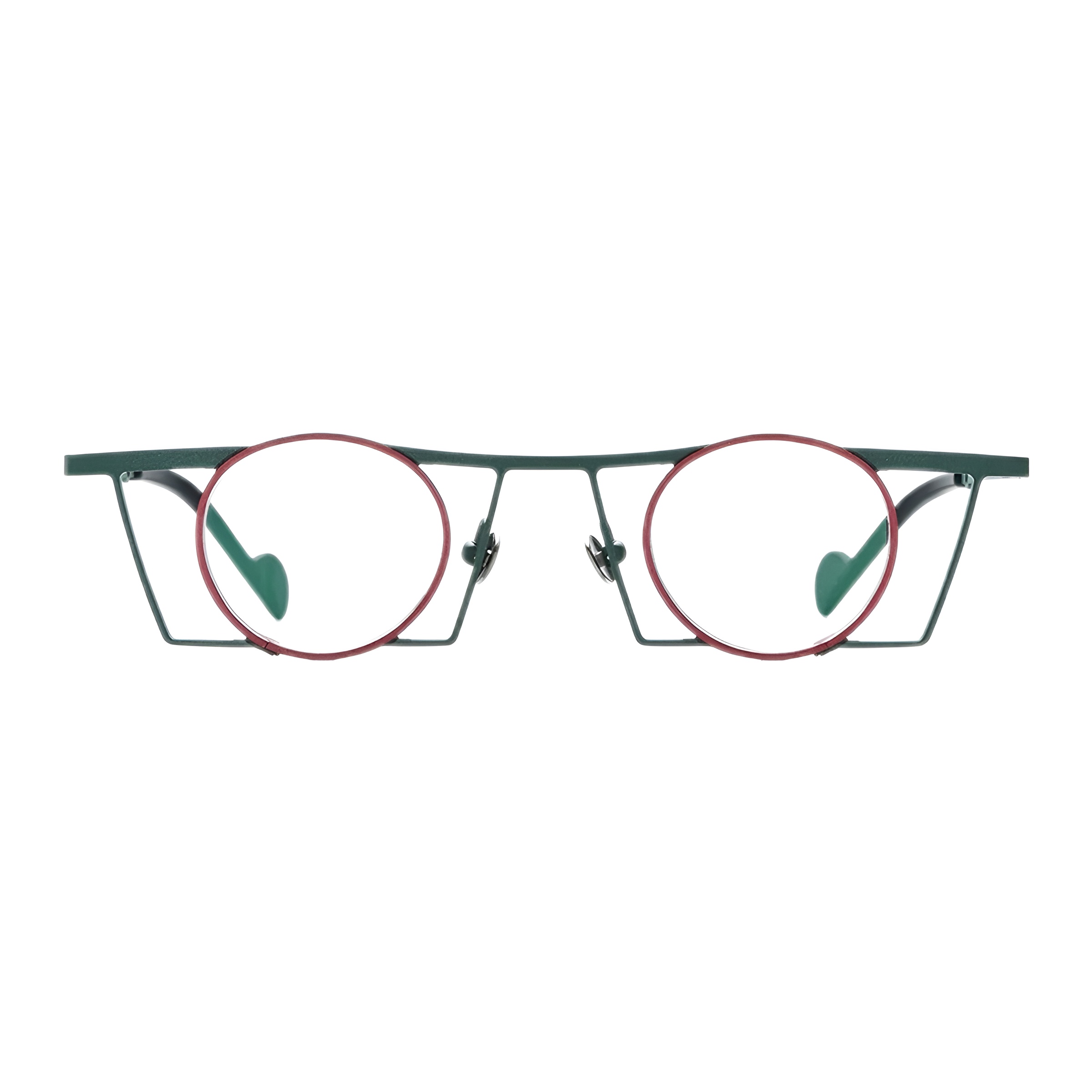 Vue de face de la paire de lunettes rondes originales avec une structure architecturale en titane vert forêt et un cerclage bordeaux contrastant autour des verres