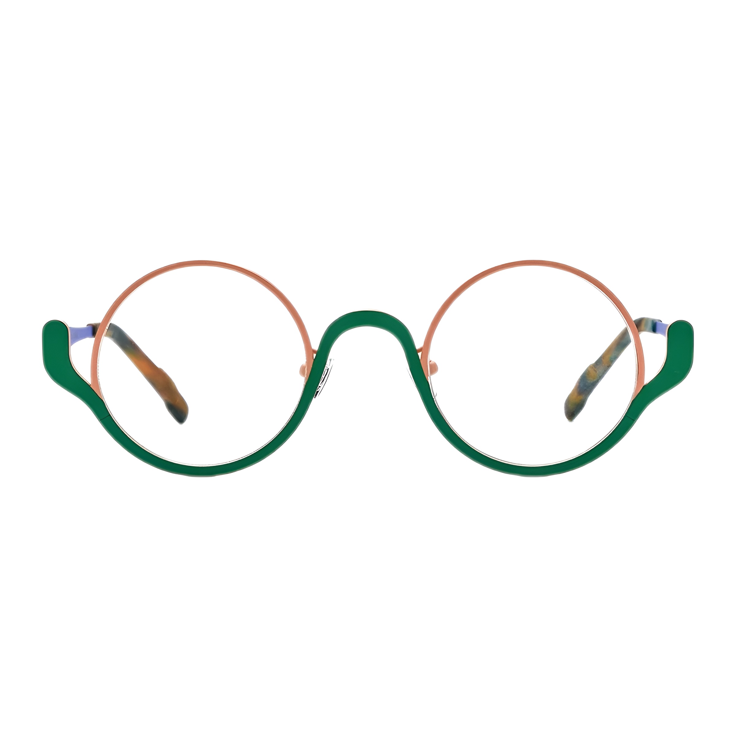 Vue de face d'une paire de lunettes de vue rondes originales avec une monture verte au design sinueux, un fin cerclage cuivré et des branches à l'embout multicolore