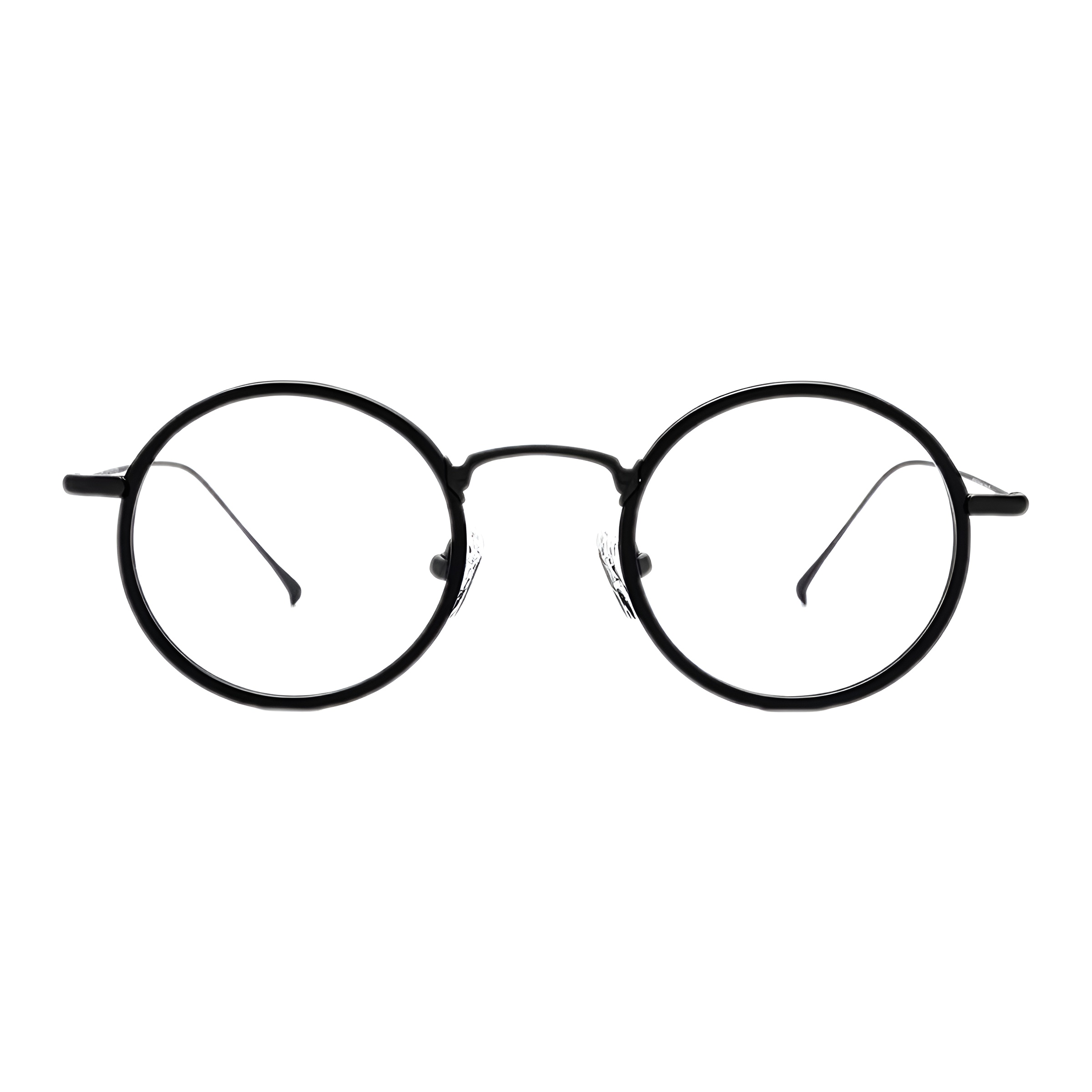 Une paire de lunettes de vue rondes avec une monture noire d'une grande finesse, vue de face, mettant en évidence la forme circulaire parfaite et son style épuré