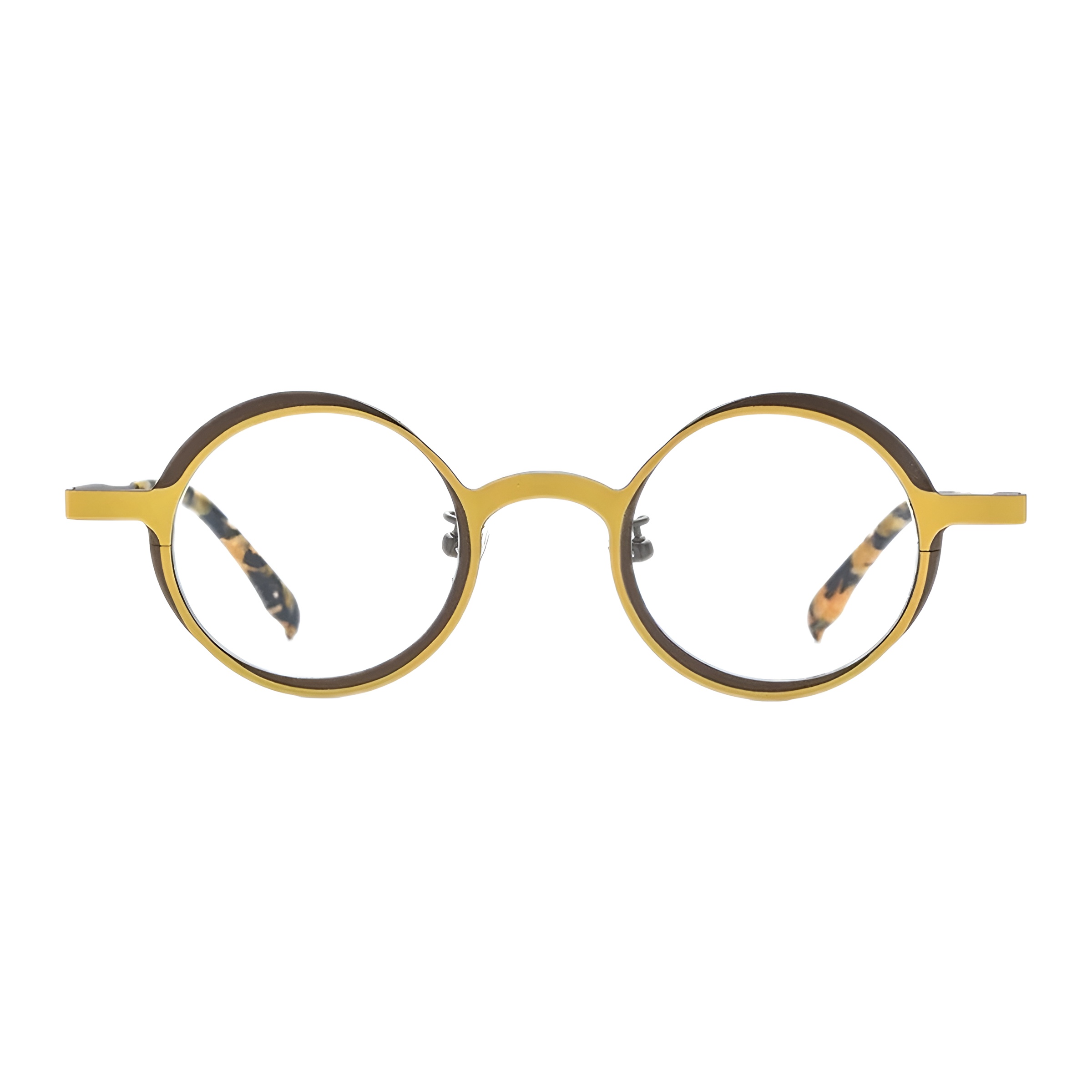 Vue de face d'une paire de lunettes de vue rondes avec une fine monture en titane jaune, un double cerclage brun et des branches à finition écaille