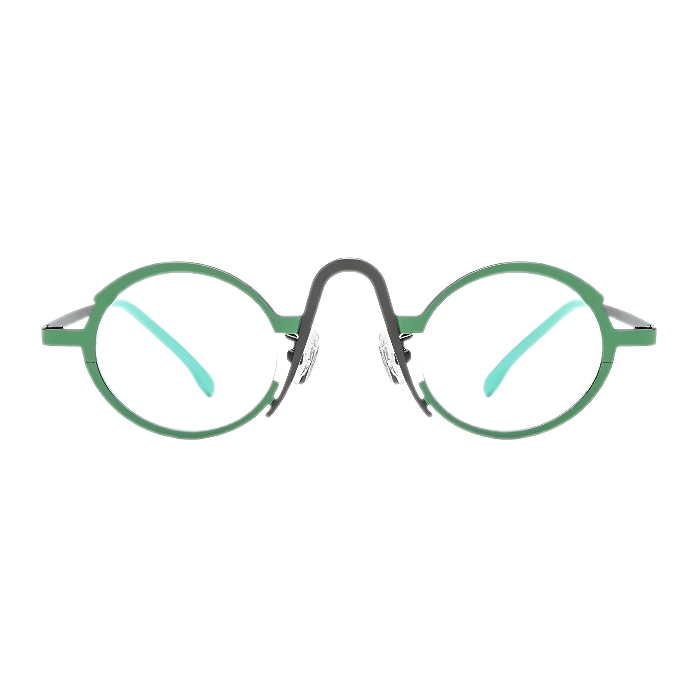 Vue de face d'une paire de lunettes de vue rondes avec une monture verte vibrante, un pont nasal noir au design ondulé unique et des manchons turquoise