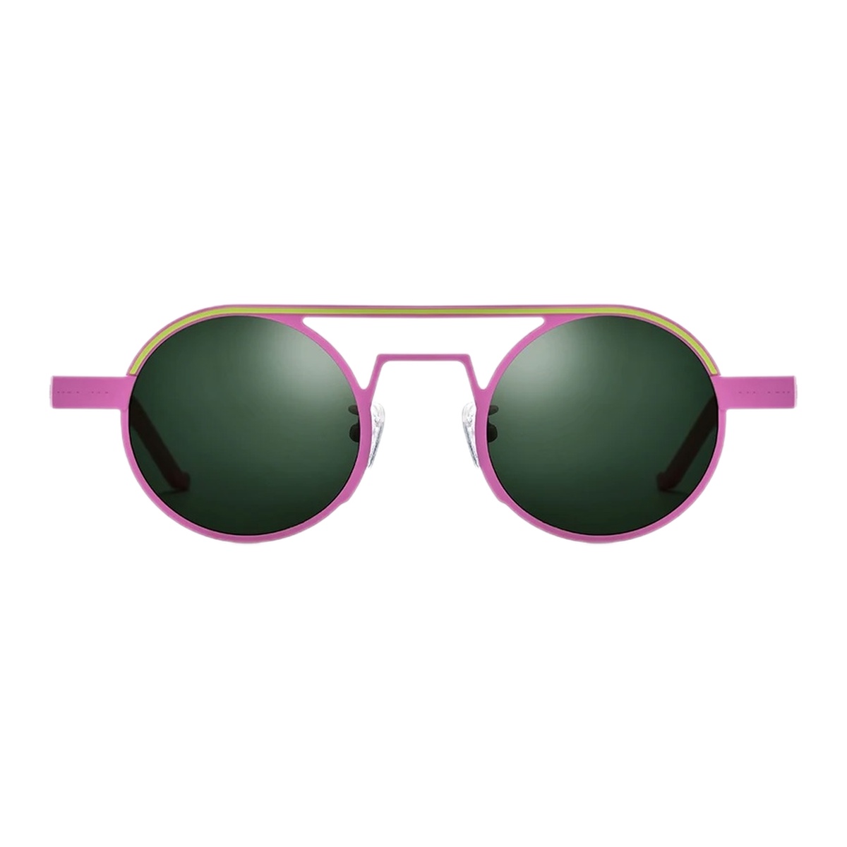 Lunettes de soleil rondes façade géométrique rose mate pont droit fluo Lunettes de soleil rondes de face avec monture rose mate vibrante soulignée par un double pont rectiligne et ligne fluo